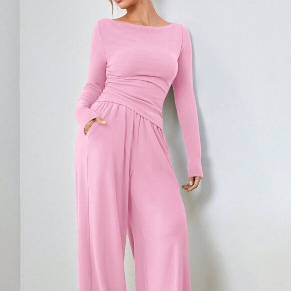 Pink Casual Women's Long Sleeve Blouse And Pants Set - Picture 1 of 6